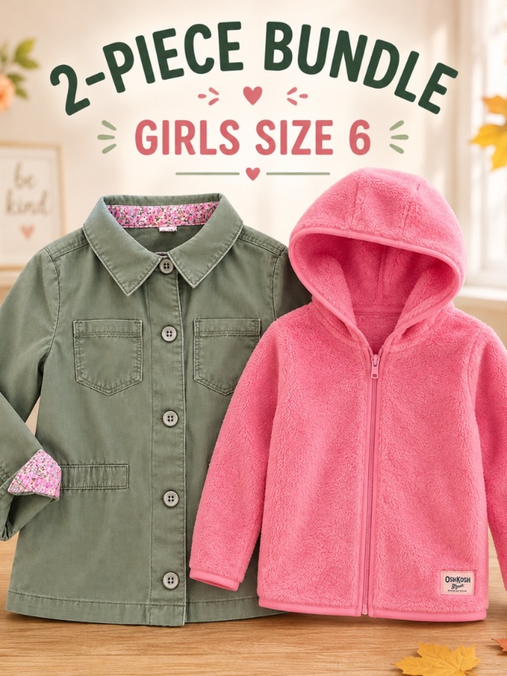 Girls Size 6 Fall Jacket Bundle – OshKosh Fleece Hoodie + Utility Jacket
